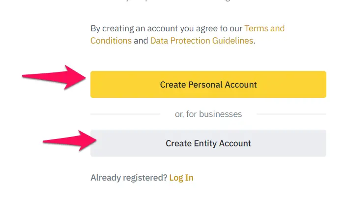 Create Personal Account or Entity Account in Binance