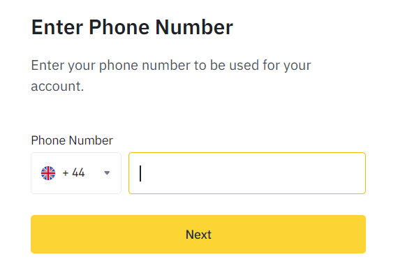 Enter Phone Number to create Binance Account