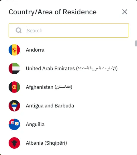 Select your country in Binance account creation page