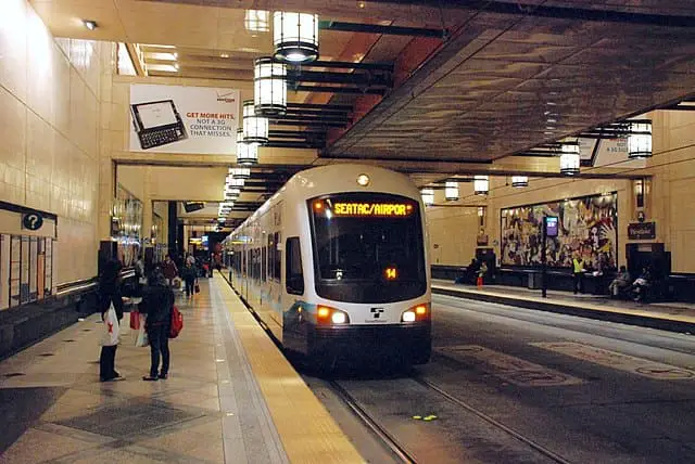 An airport-bound Link light rail train in the Downtown Seattle Transit Tunnel