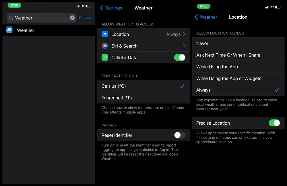Toggle on The Location Service of the Weather App to Always