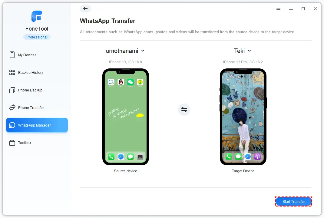 WhatsApp chats from an old iPhone to a new iPhone using FoneTool 